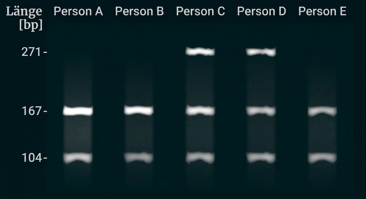 Gelbild mit DNA-Banden von Person A bis E auf einem Größenmarker.